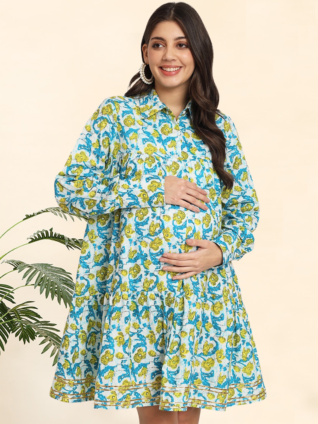 

angloindu Floral Printed Pure Cotton Maternity Shirt Style Dress, Blue