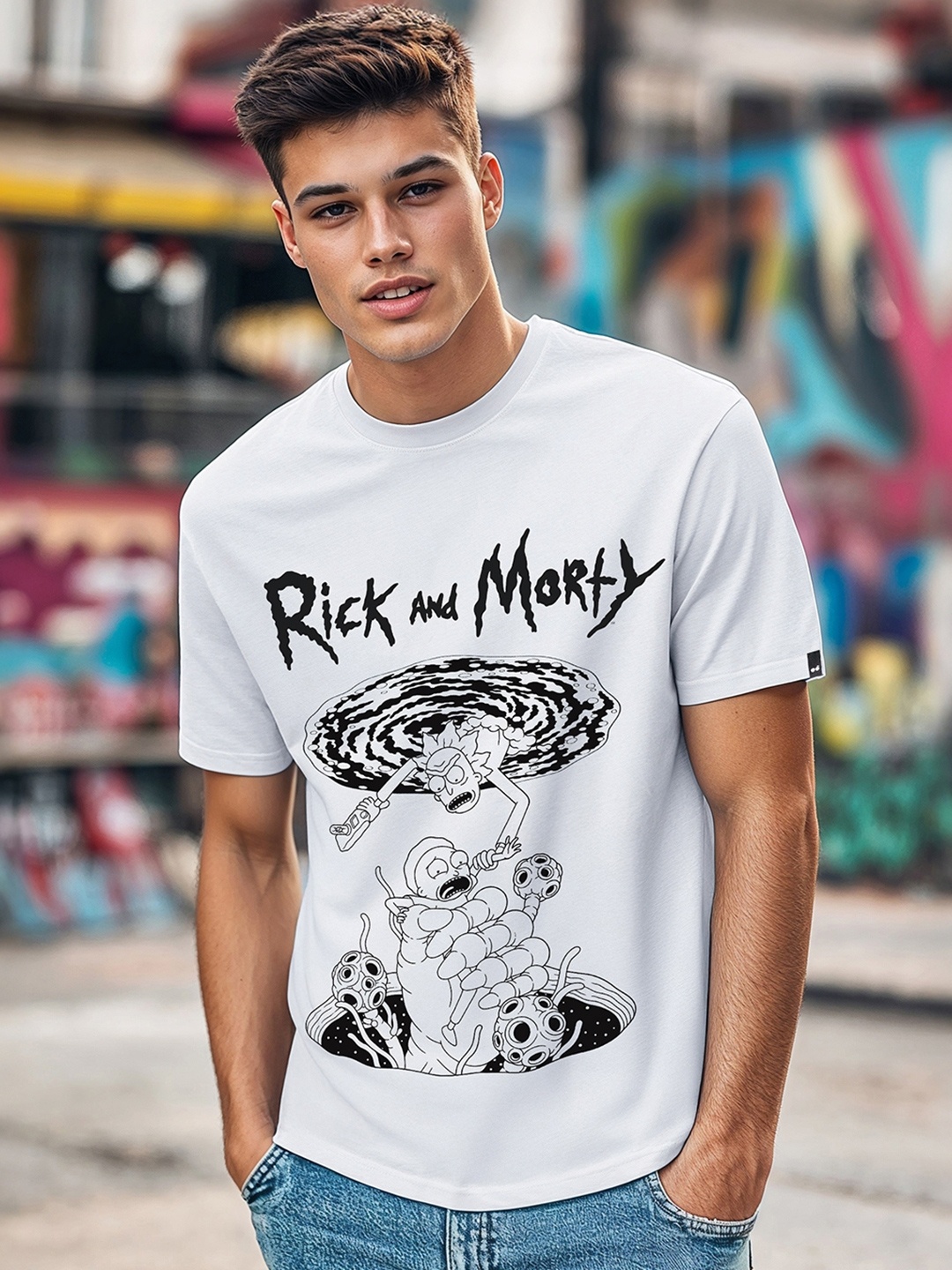 

Bewakoof Rick & Morty Printed Cotton T-shirt, White