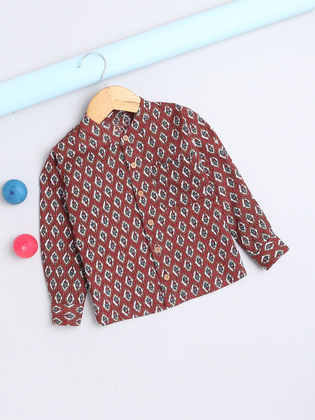 

The Magic Wand Boys Ethnic Motifs Printed Band Collar Pure Cotton Shirt, Maroon