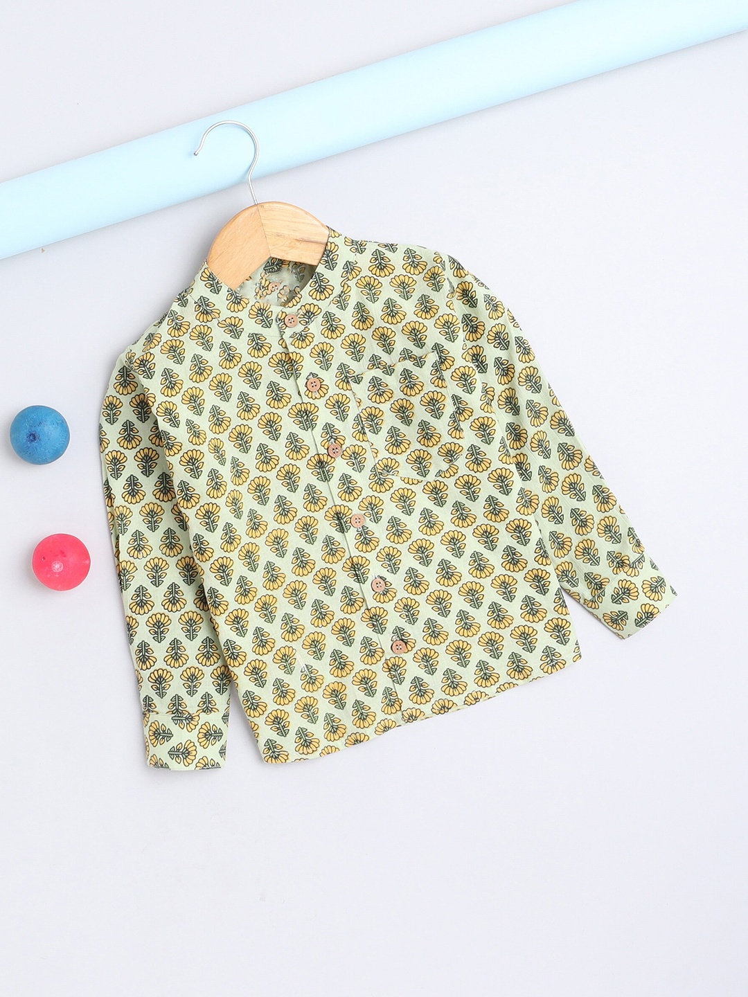 

The Magic Wand Boys Ethnic Motifs Printed Band Collar Pure Cotton Shirt, Green