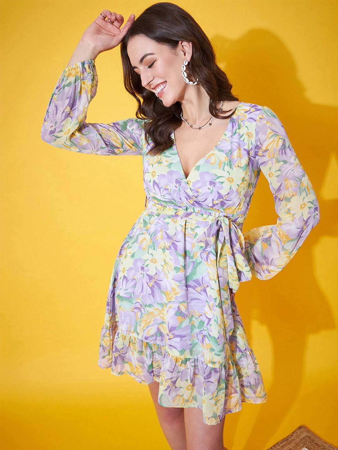 

Berrylush Floral Printed V-Neck Georgette Fit & Flare Dress, Lavender
