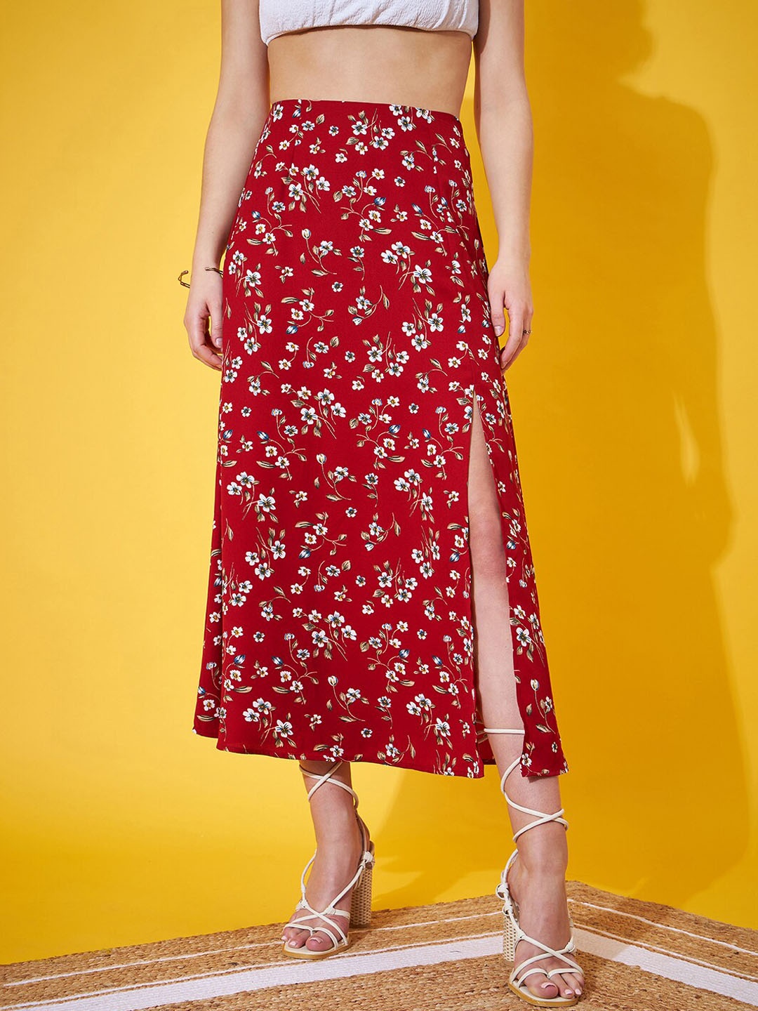 

Berrylush Floral Printed High Rise A-Line Midi Skirt, Red