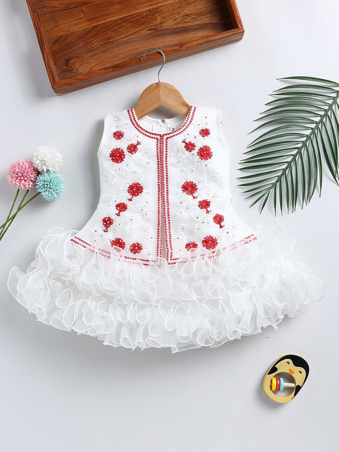 

BAESD Girls Floral Embroidered Ruffles A-Line, White