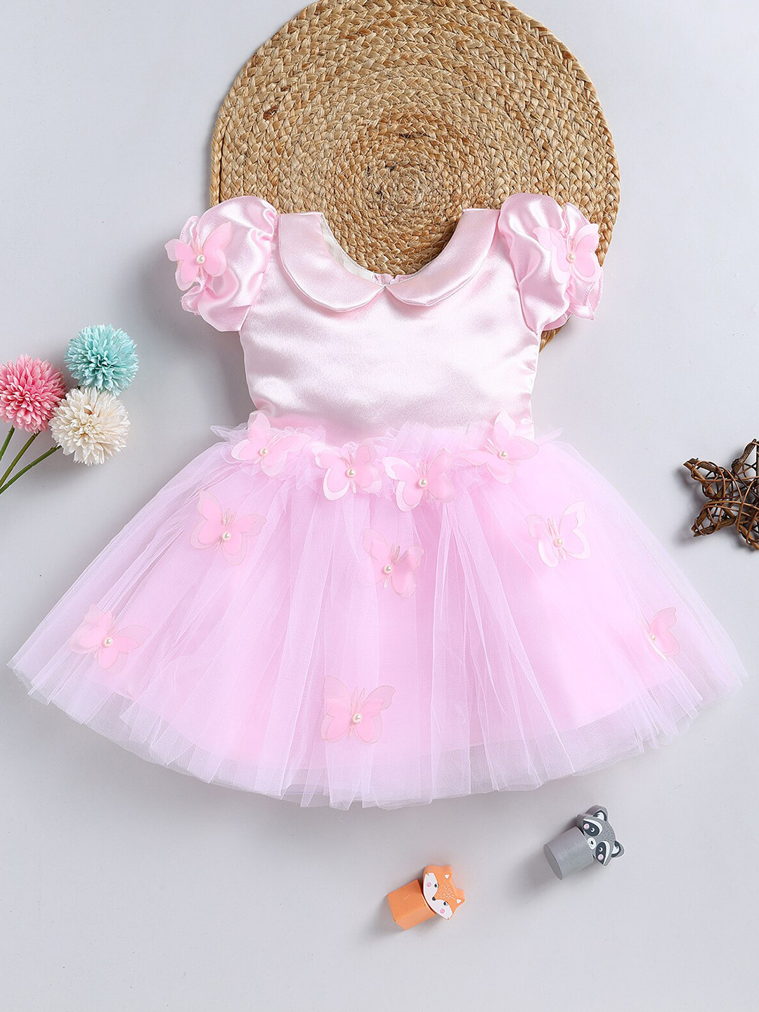 

BAESD Girls Self Design Peter Pan Collar Puff Sleeve Fit & Flare Dress, Pink