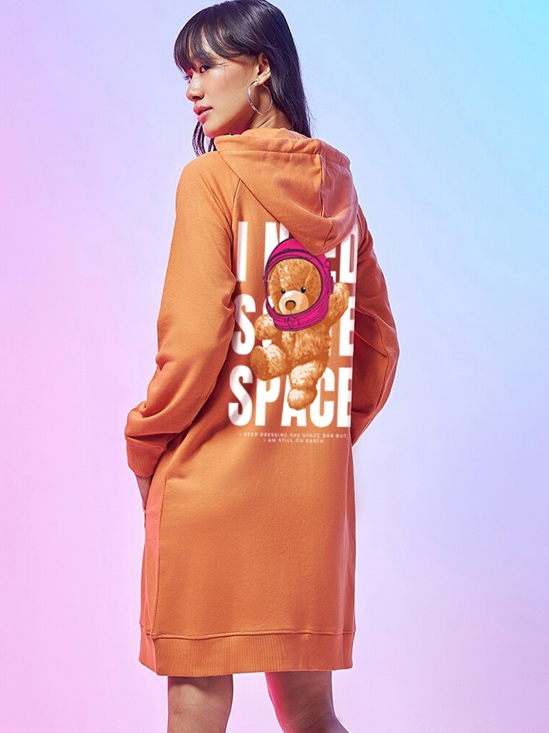 

Bewakoof Graphic Printed Longline Hooded Pullover, Orange