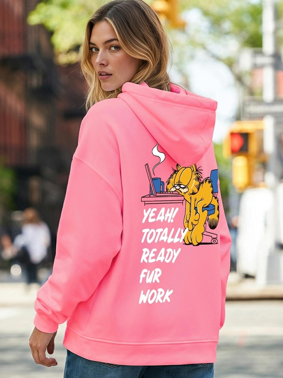 

Bewakoof Official Garfield Merchandise Graphic Printed Oversized Hooded Sweatshirt, Pink