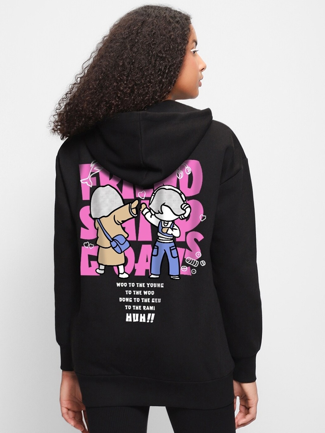 

Bewakoof Extraordinary Woo Graphic Printed Oversized Hooded Sweatshirt, Black