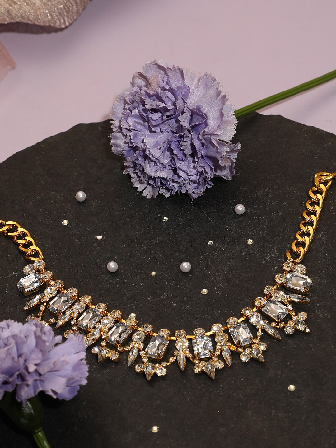 

SOHI Silver-Plated Studded Designer Party Necklace, Gold