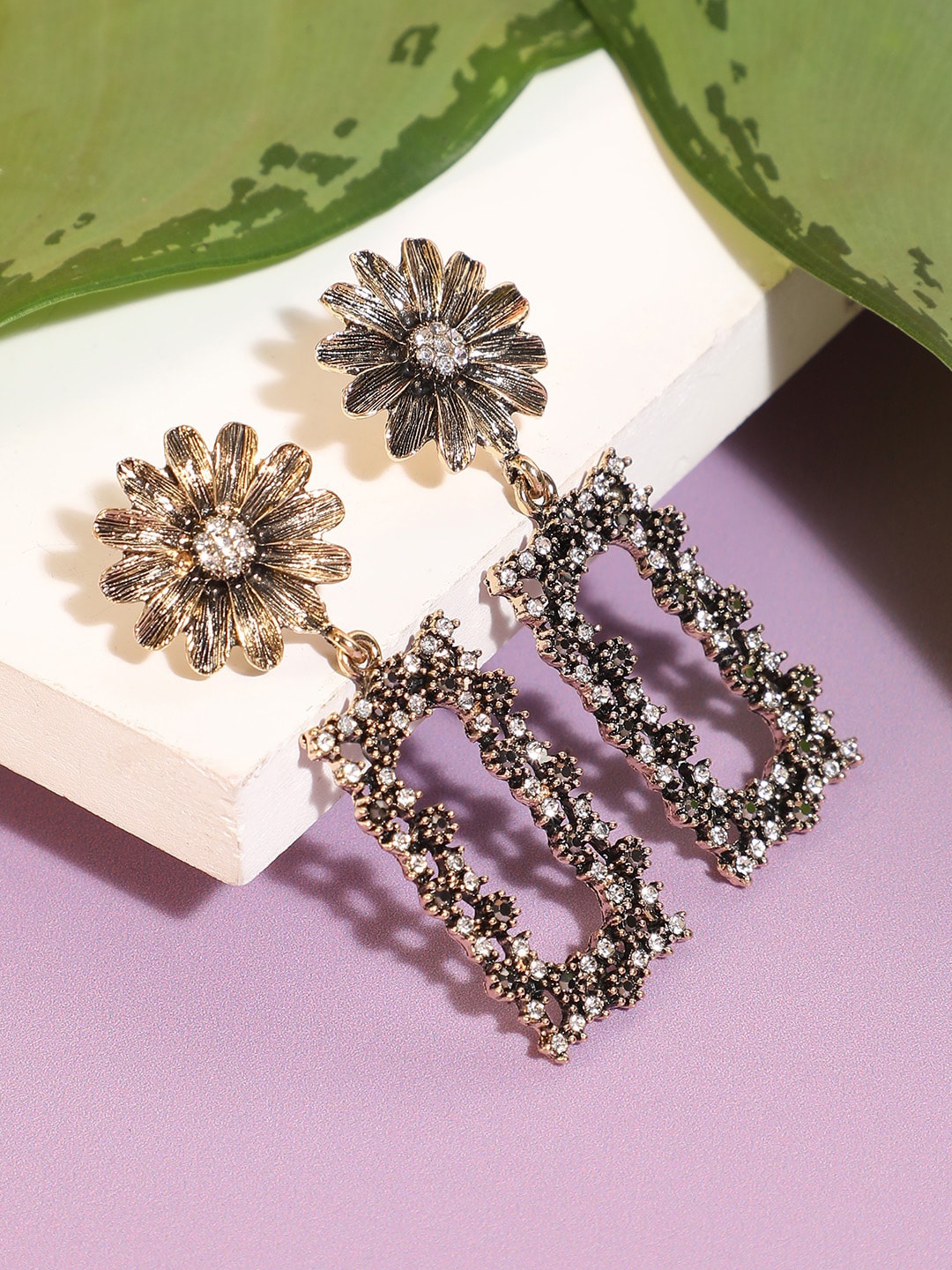 

SOHI Gold-Plated Artificial Stones Studded Geometric Drop Earrings Earrings, Silver