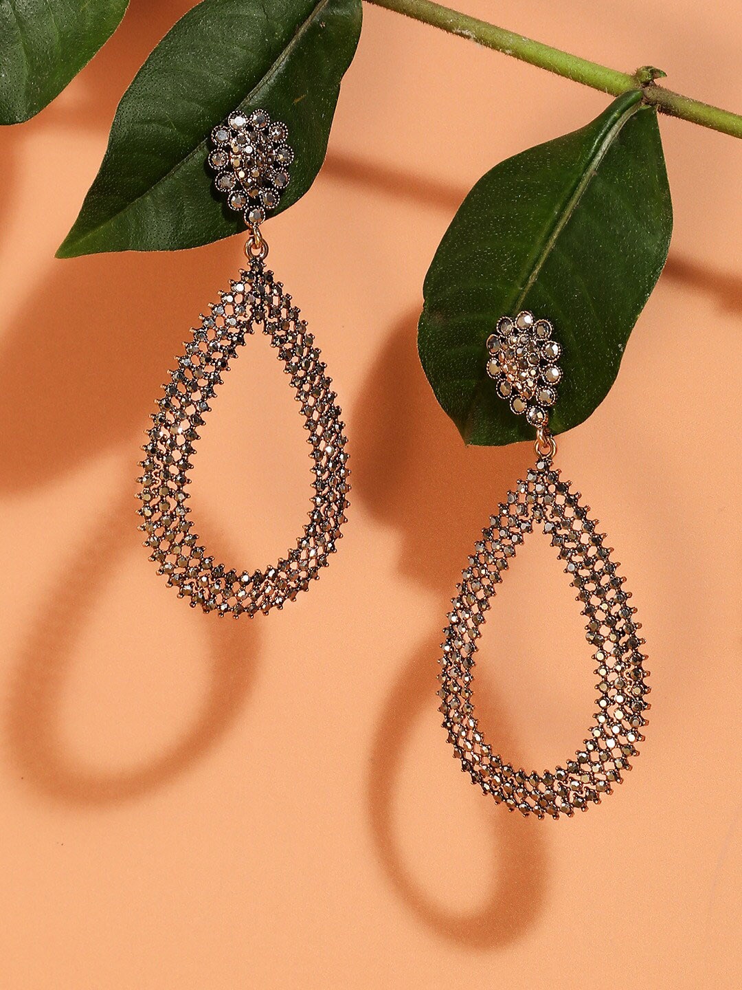 

SOHI Silver-Plated Artificial Stones Studded Teardrop Shaped Drop Earrings