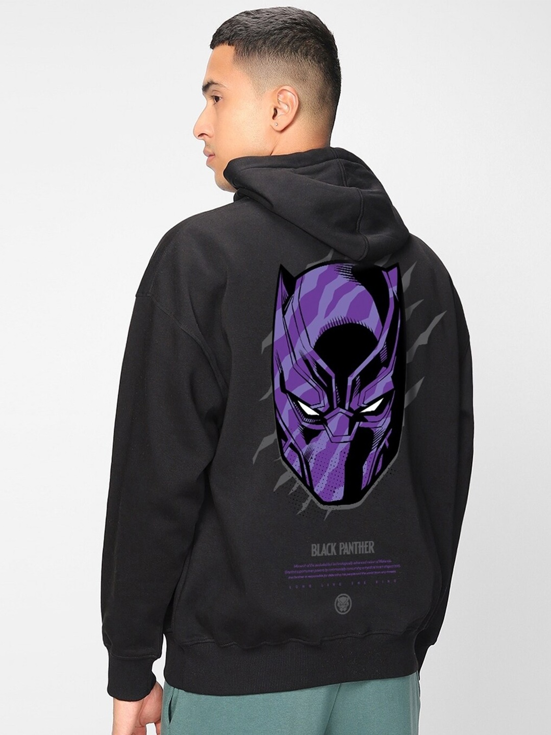 

Bewakoof Black Black Panther Printed Hooded Fleece Oversized Sweatshirt