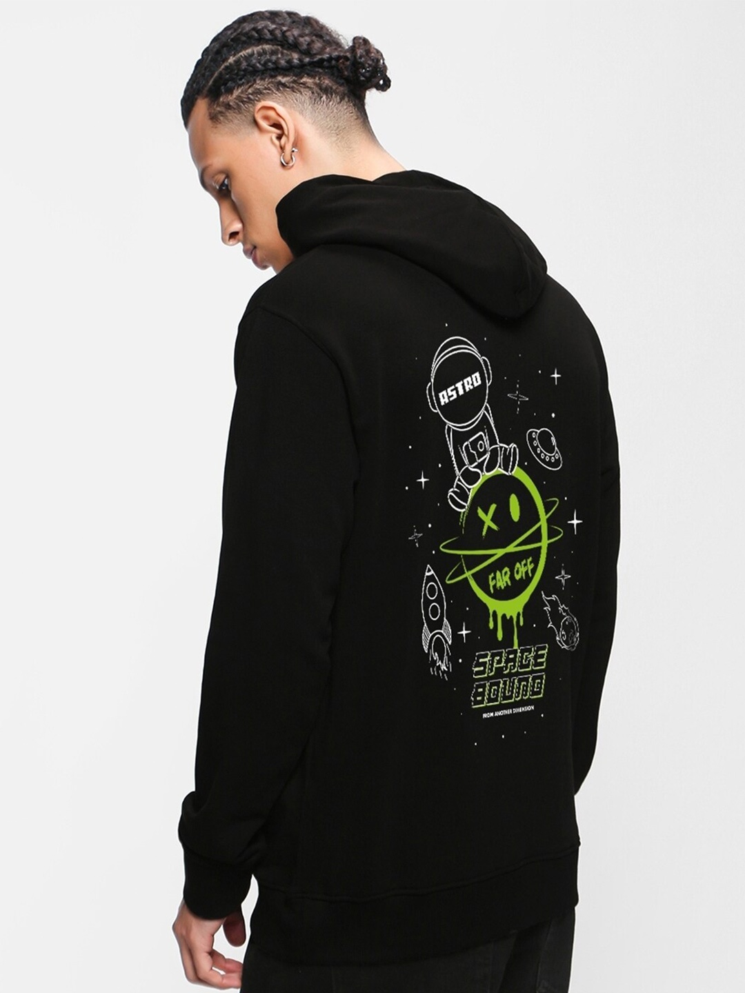 

Bewakoof Black Graphic Printed Hooded Fleece Oversized Sweatshirt