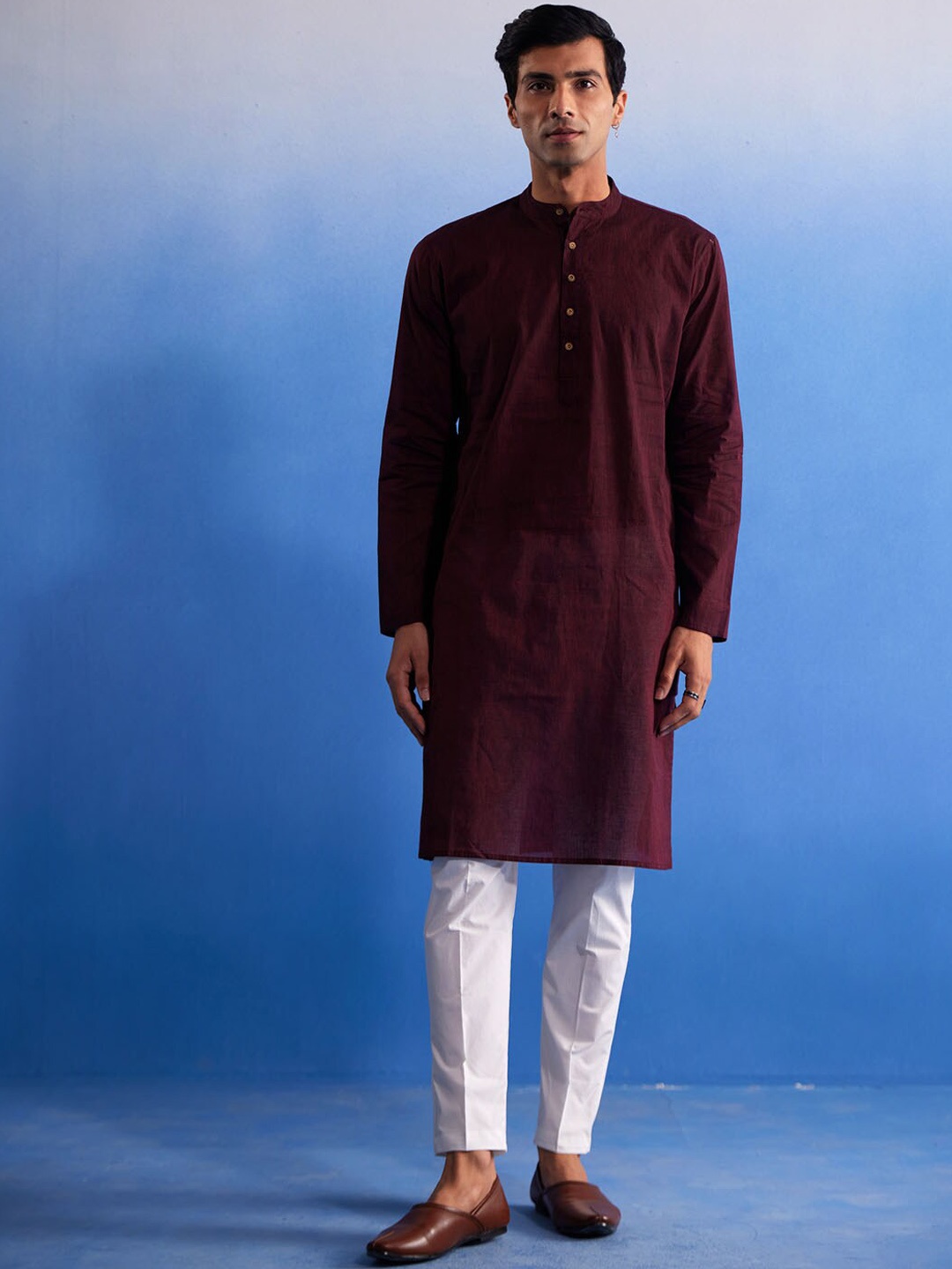 

VASTRAMAY Band Collar Regular Pure Cotton Kurta With Pyjama, Maroon