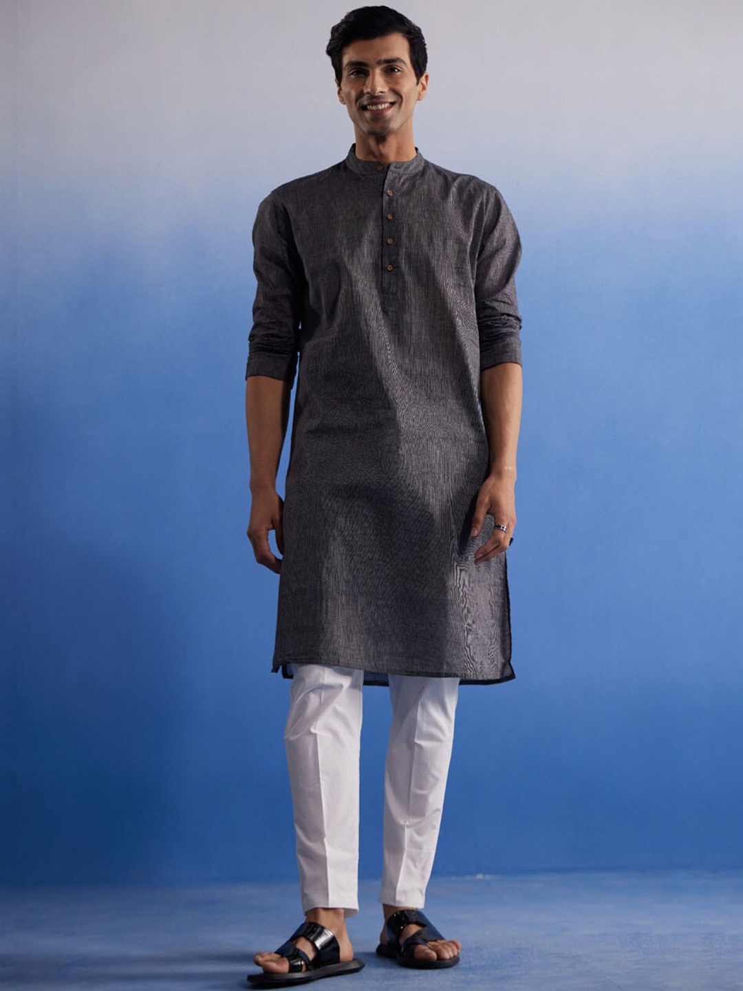 

VASTRAMAY Band Collar Regular Pure Cotton Kurta With Pyjamas, Grey
