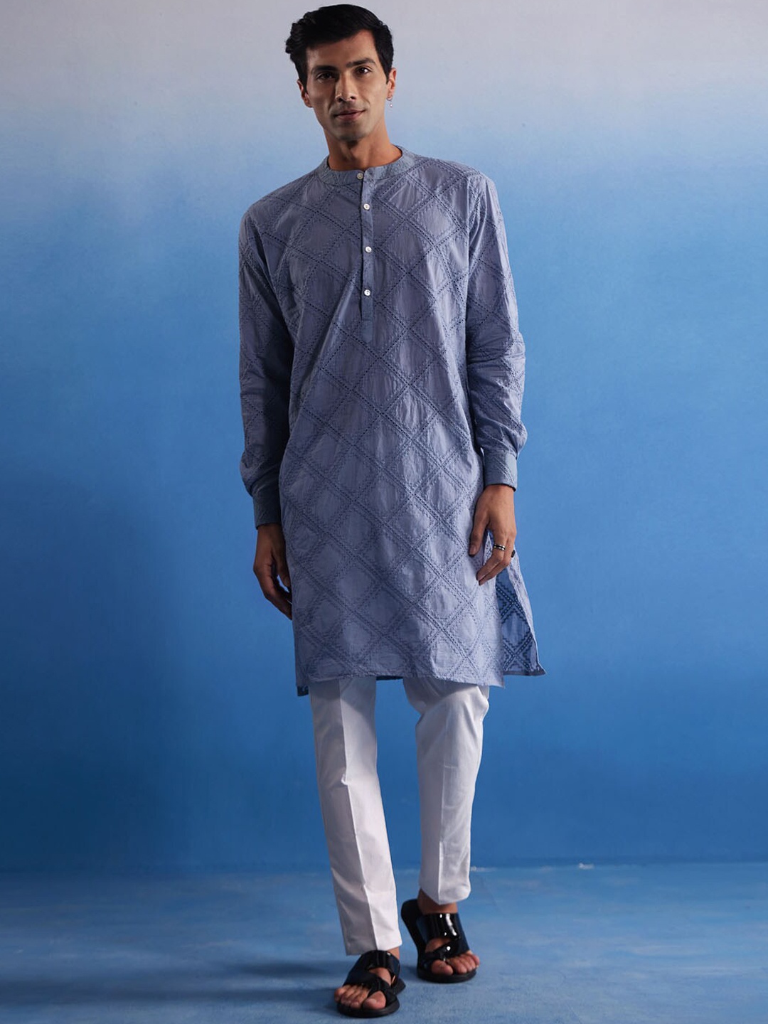 

VASTRAMAY Men Schiffli Embroidered Cotton Kurta With Elasticated Pyjama, Blue