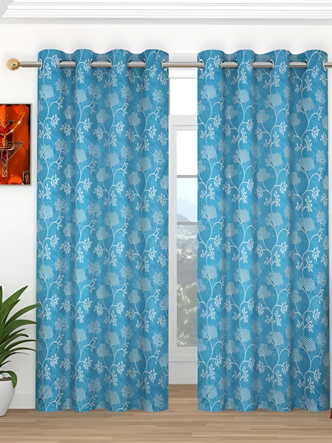 

Curtain King Turquoise Blue & White 2 Pieces Floral Regular Door Curtains