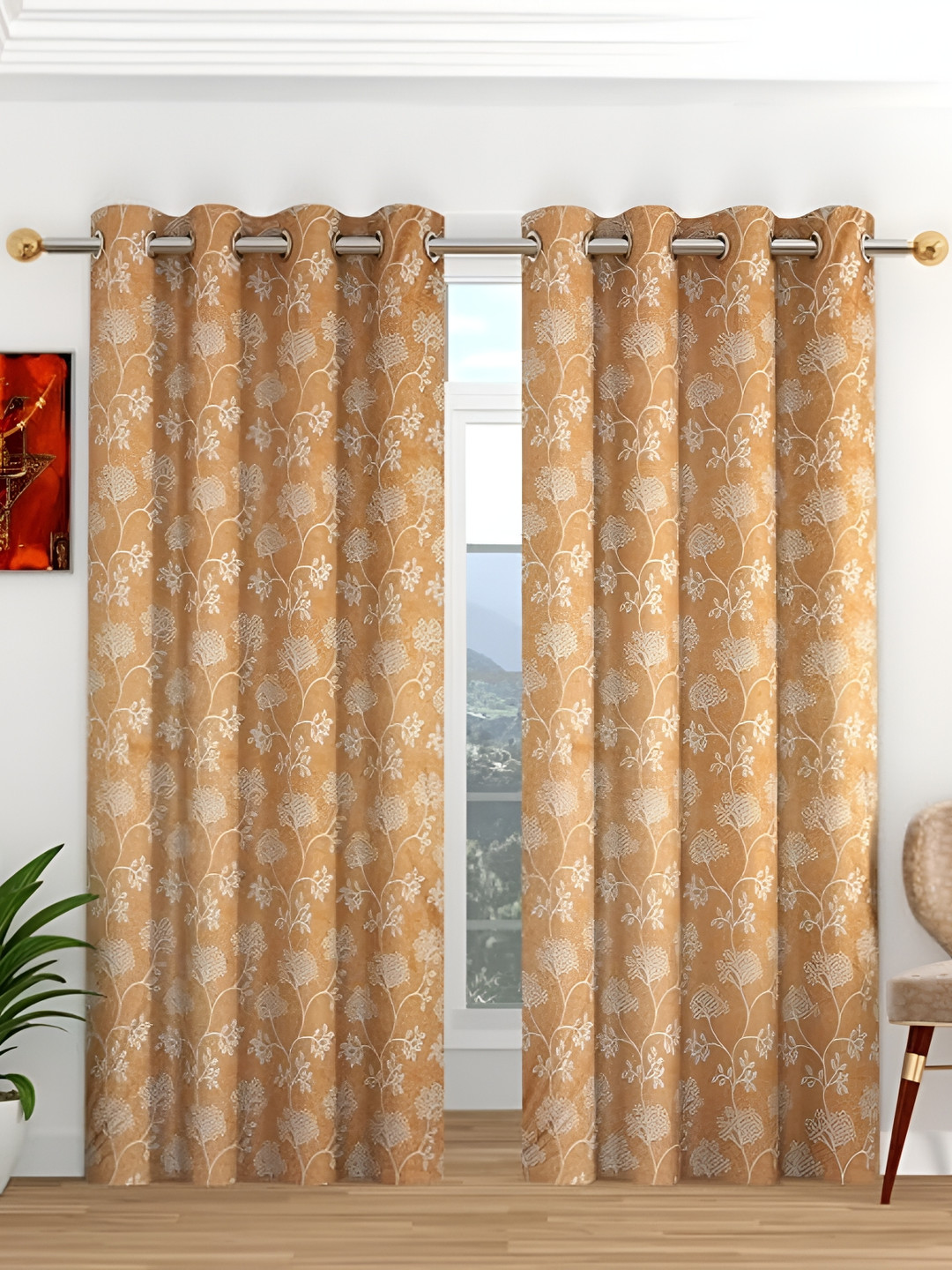 

Curtain King Gold Toned & White 2 Pieces Floral Regular Door Curtains