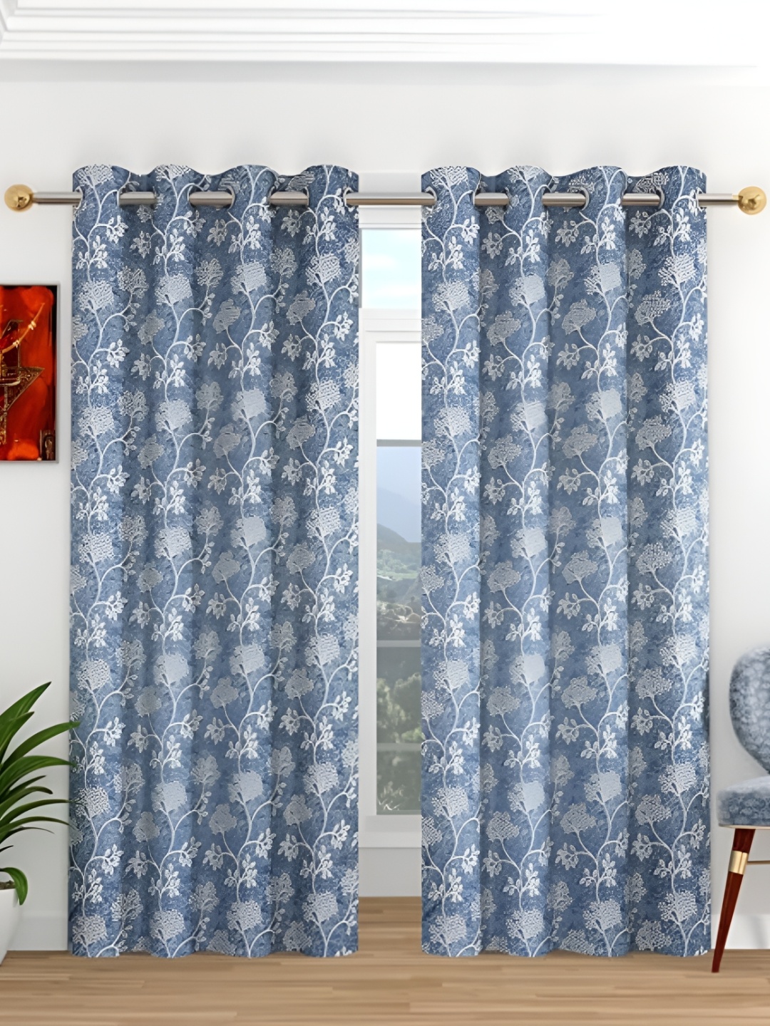 

Curtain King Grey & White 2 Pieces Floral Regular Window Curtains