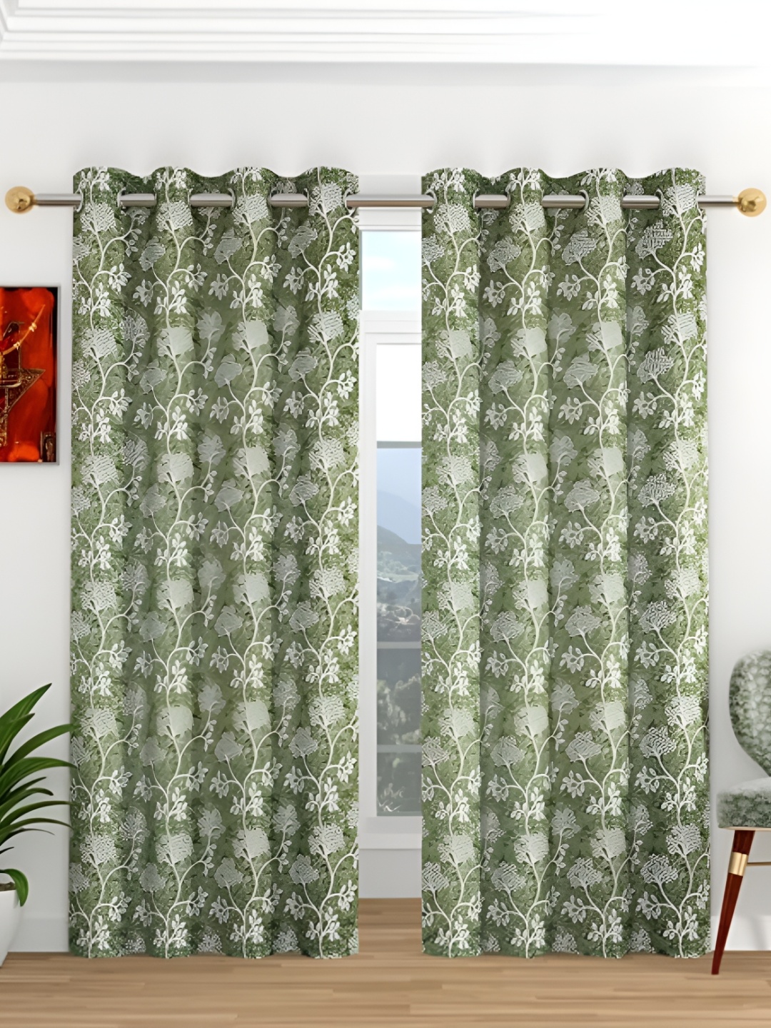 

Curtain King Green & White 2 Pieces Floral Regular Window Curtains