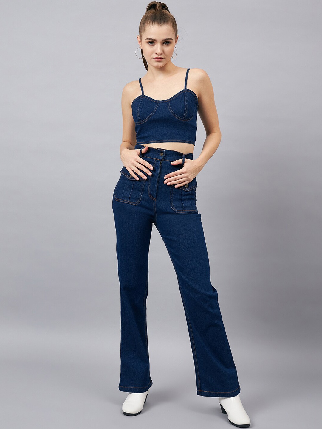 

Chemistry Sweetheart Neck Denim Top With Flared Trouser With Jacket Co-Ords, Blue