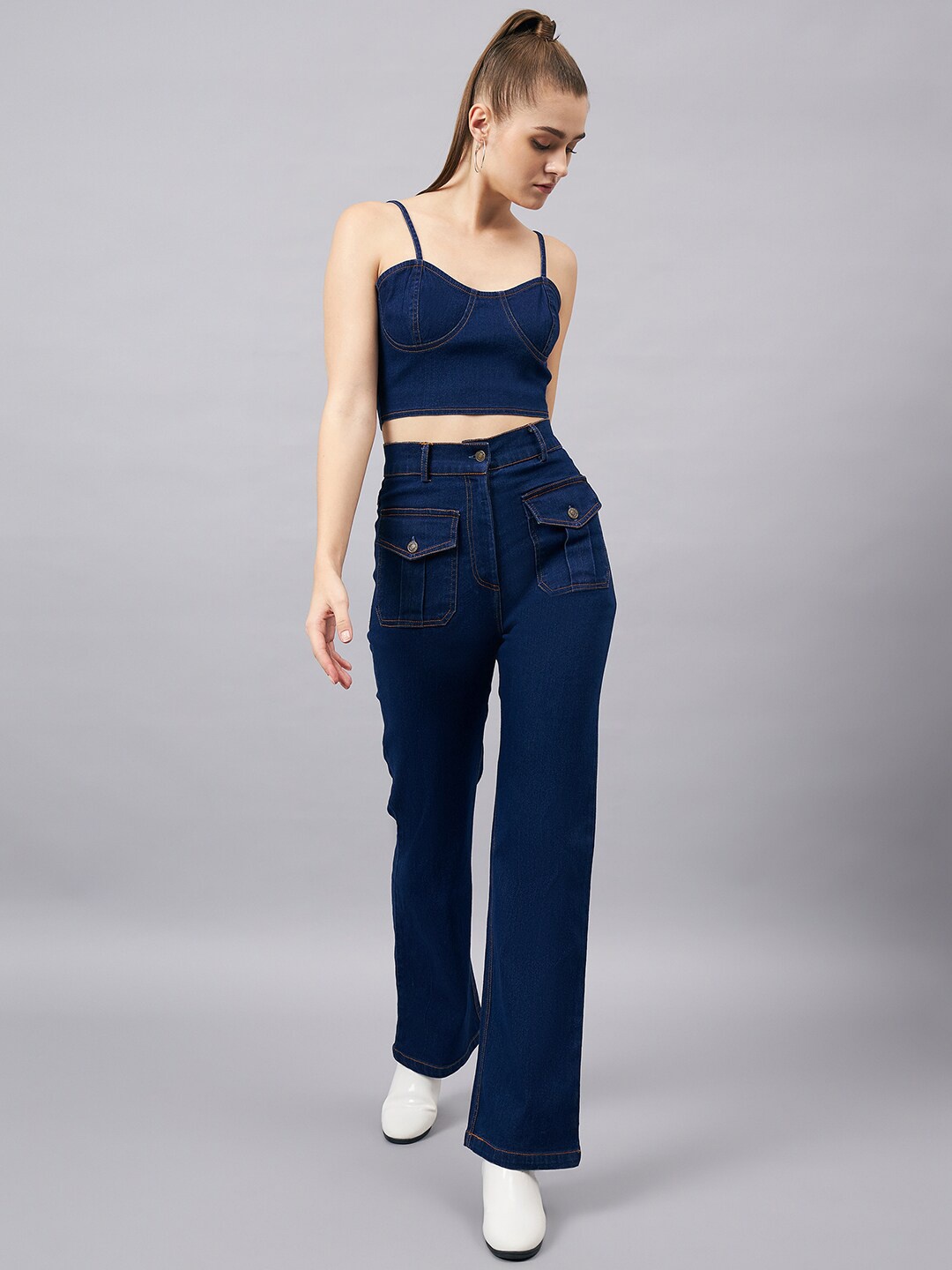 

Chemistry Shoulder Strap Denim Top With Trousers, Blue