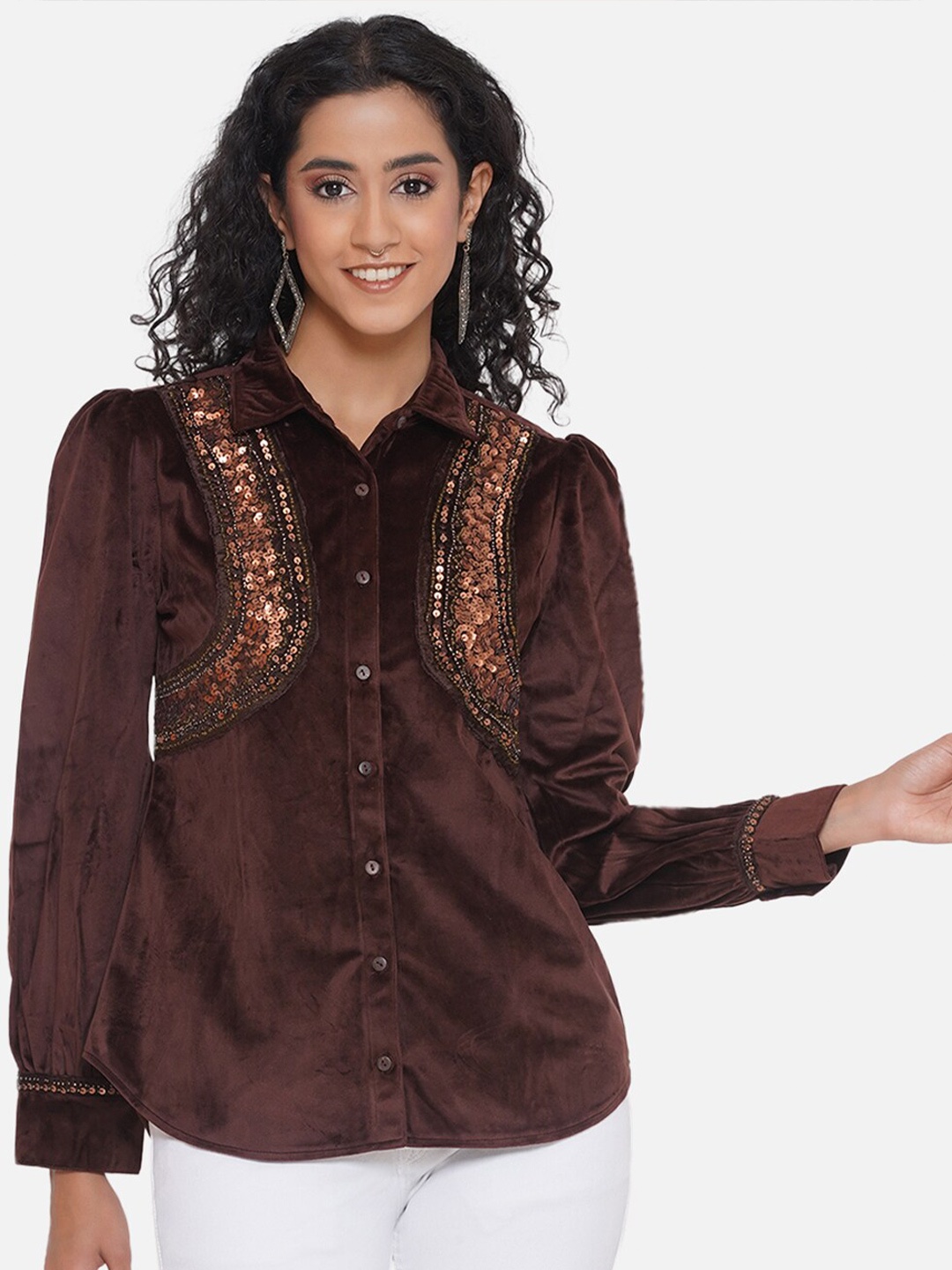 

bellamia Smart Tailored Fit Embellished Sequinned Velvet Shirt, Brown