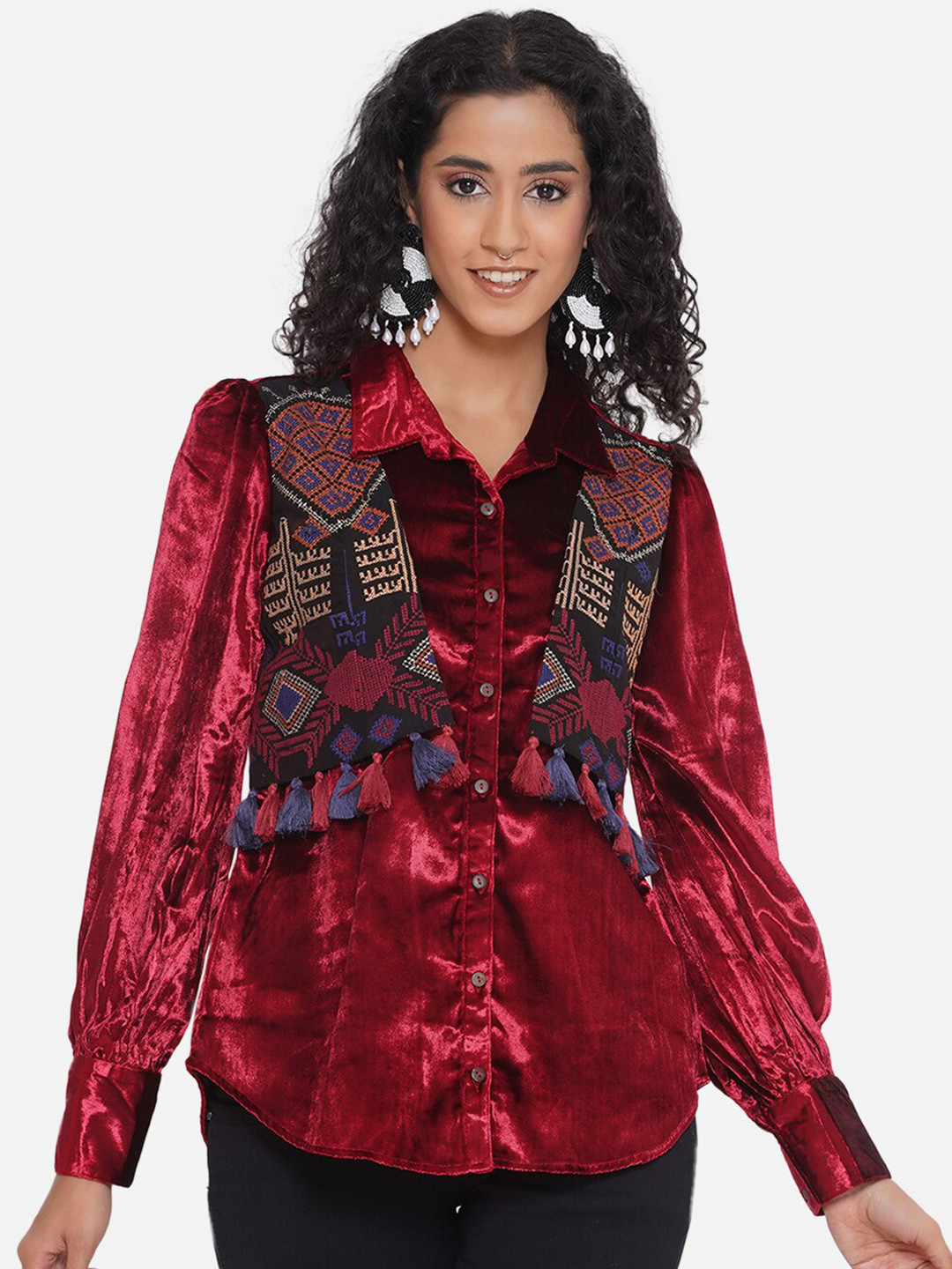 

bellamia Smart Tailored Fit Embroidered Boho Shirt, Burgundy