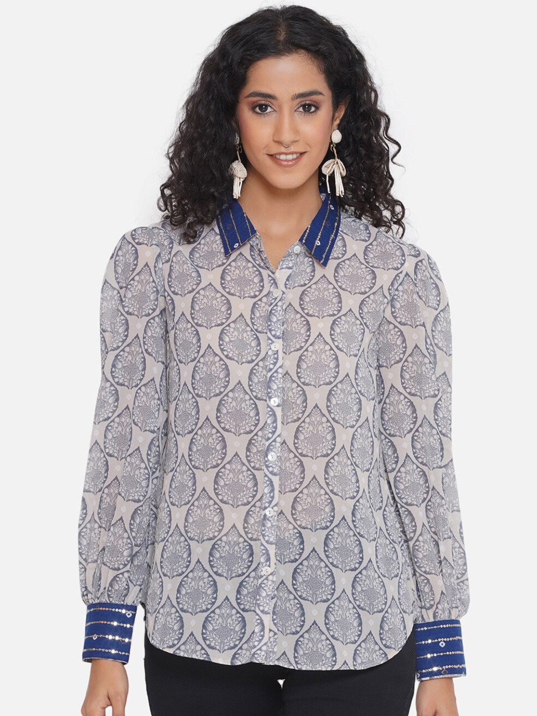 

bellamia Ethnic Motifs Printed Smart Tailored Fit Chiffon Casual Shirt, Off white