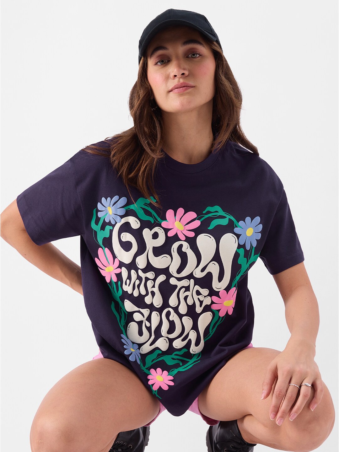 

The Souled Store Floral Printed Oversized Pure Cotton T-shirt, Navy blue