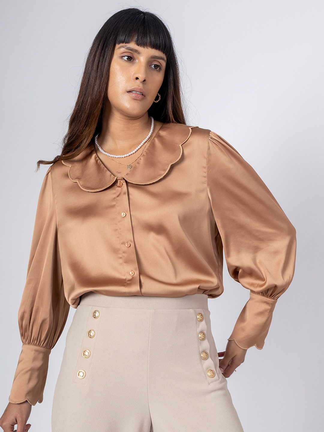 

H&M Scallop Satin Vintage Top, Brown