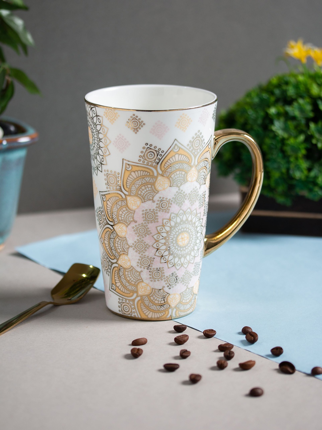 

JCPL White 2 Pieces Floral Ceramic Glossy Milk/Coffee Mugs 540 ml