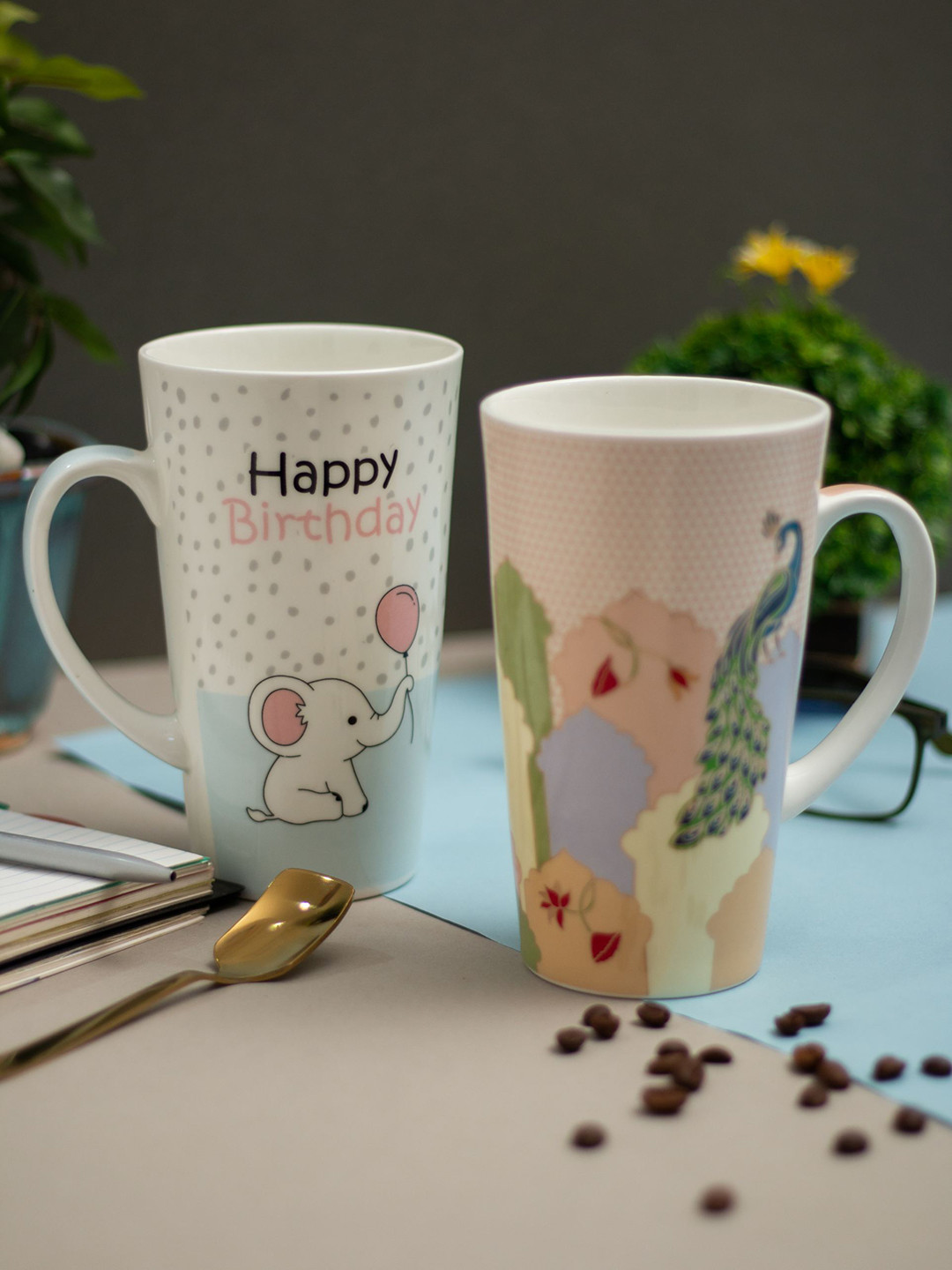 

JCPL White 2 Pieces Floral Ceramic Glossy Milk/Coffee Mugs 540 ml
