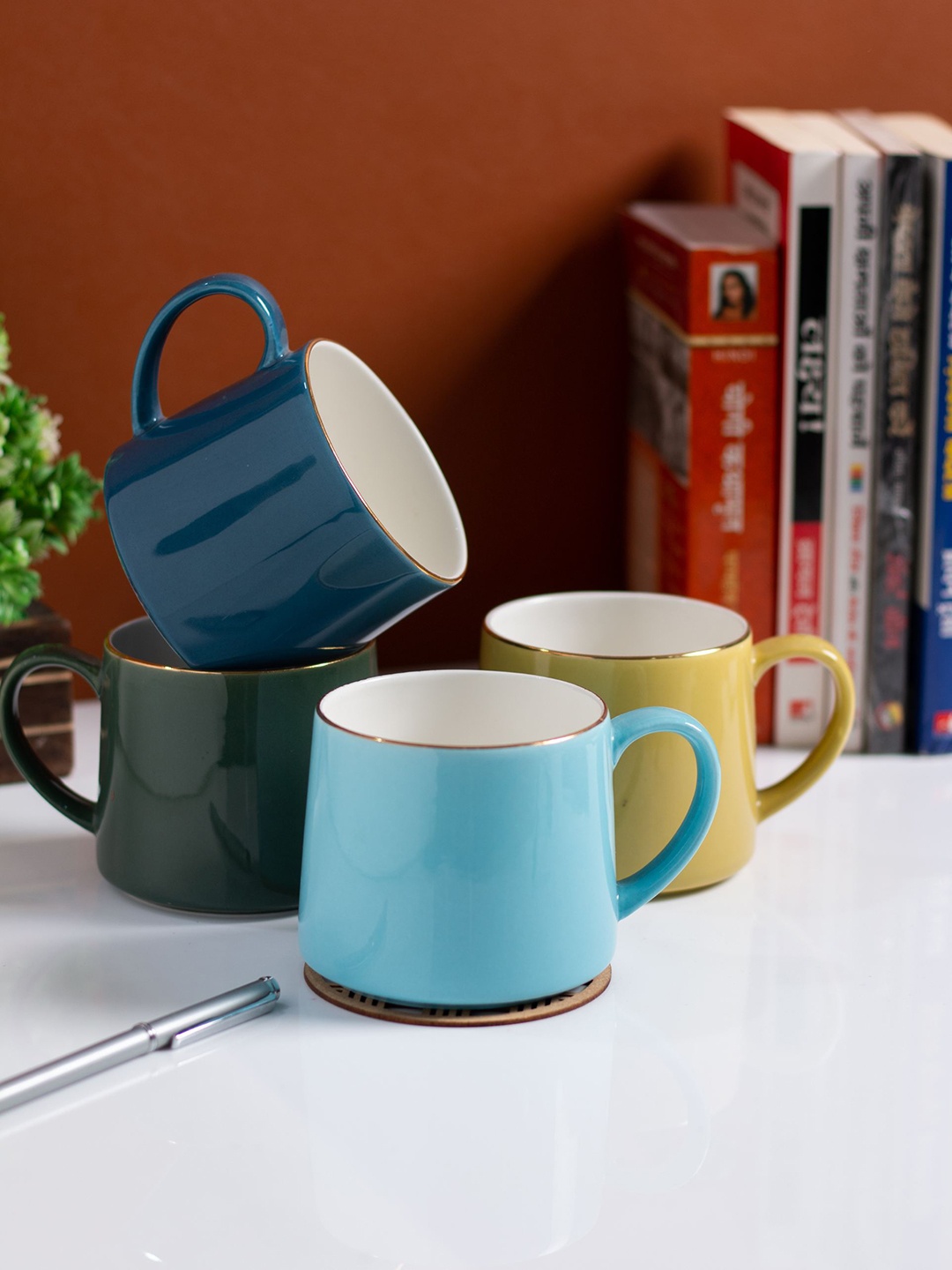 

JCPL White & Blue 4 Pieces Ceramic Glossy Mugs 350 ml Each