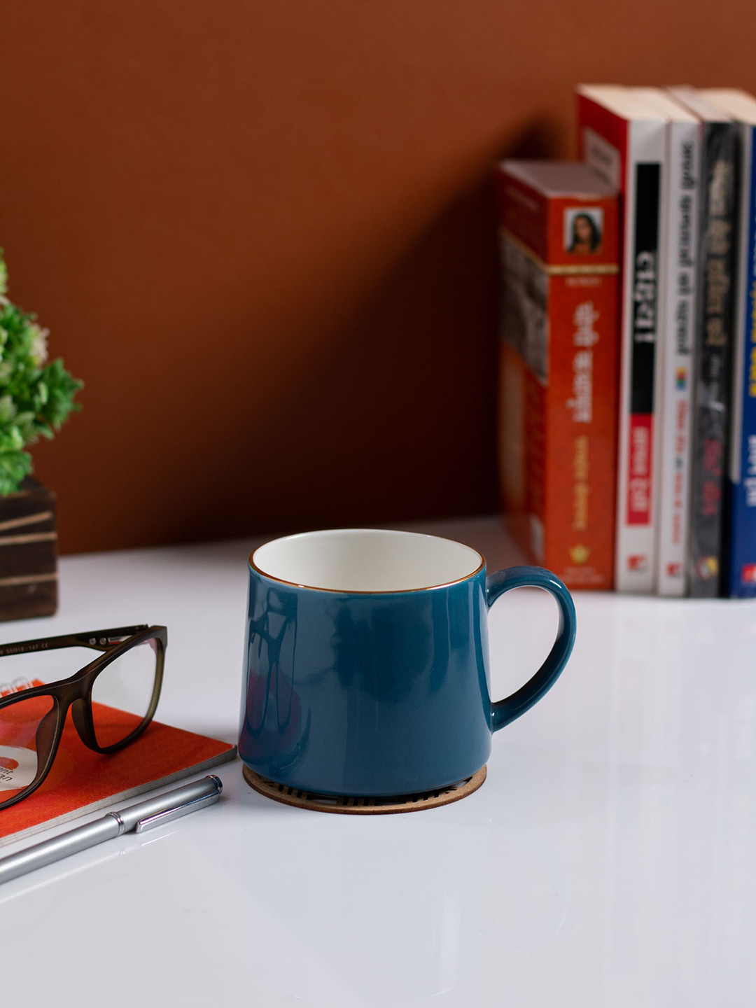 

JCPL White & Blue 2 Pieces Printed Ceramic Dishwasher Safe Glossy Coffee Mugs 350 ml