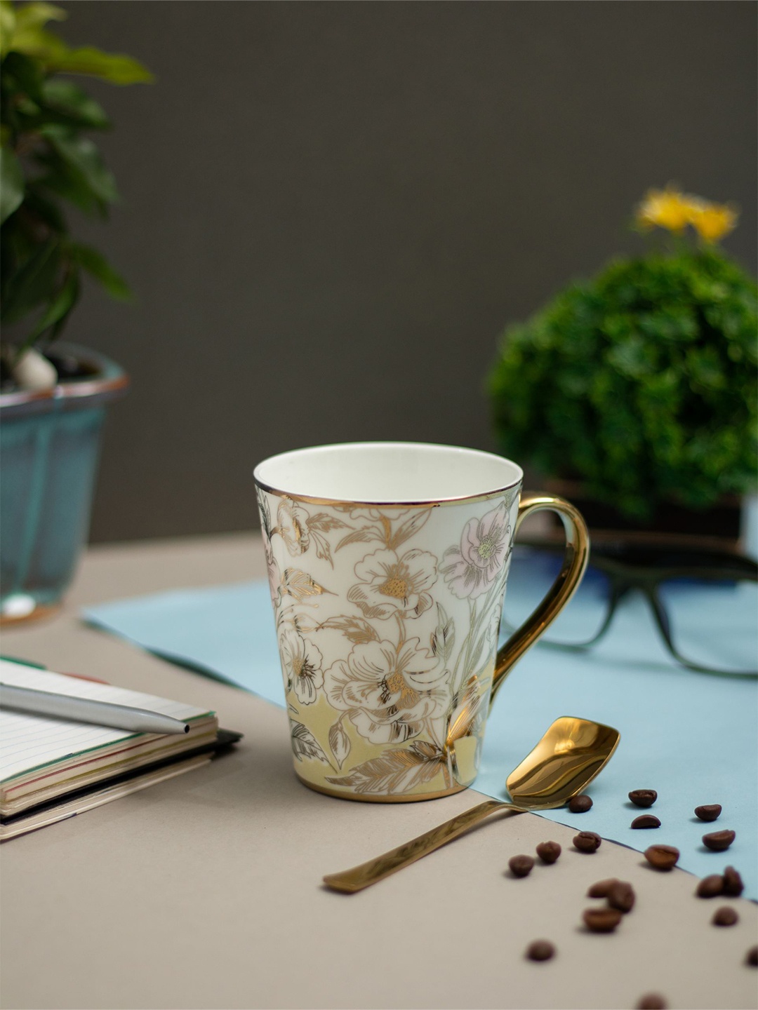 

JCPL White 2 Pieces Floral Printed Ceramic Dishwasher Safe Glossy Coffee Mugs 350 ml