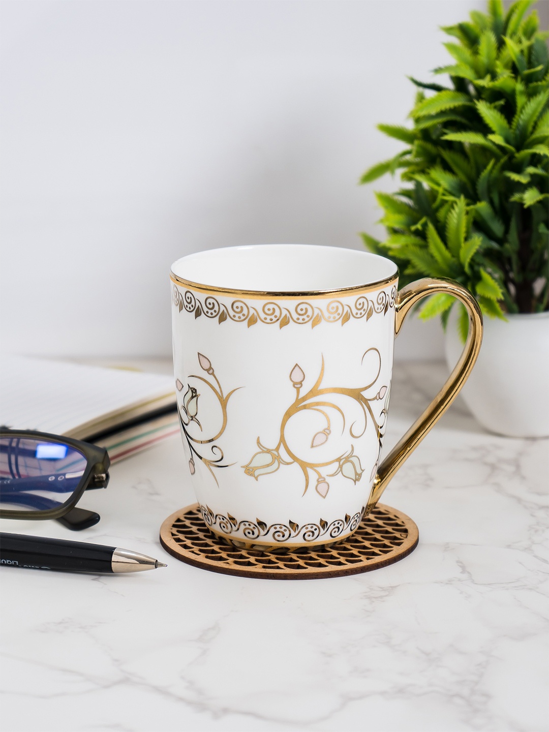 

JCPL Fine White & Brown 2 Pieces Printed Ceramic Glossy Cups 350 ml Each