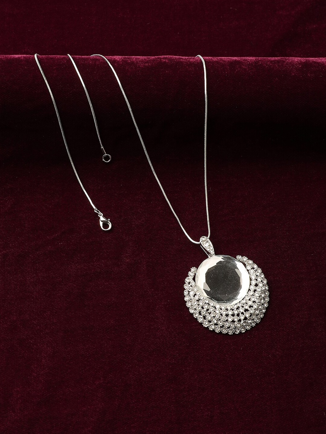 

SOHI Silver-Plated Stone-Studded Crescent Shaped Pendant with Chain