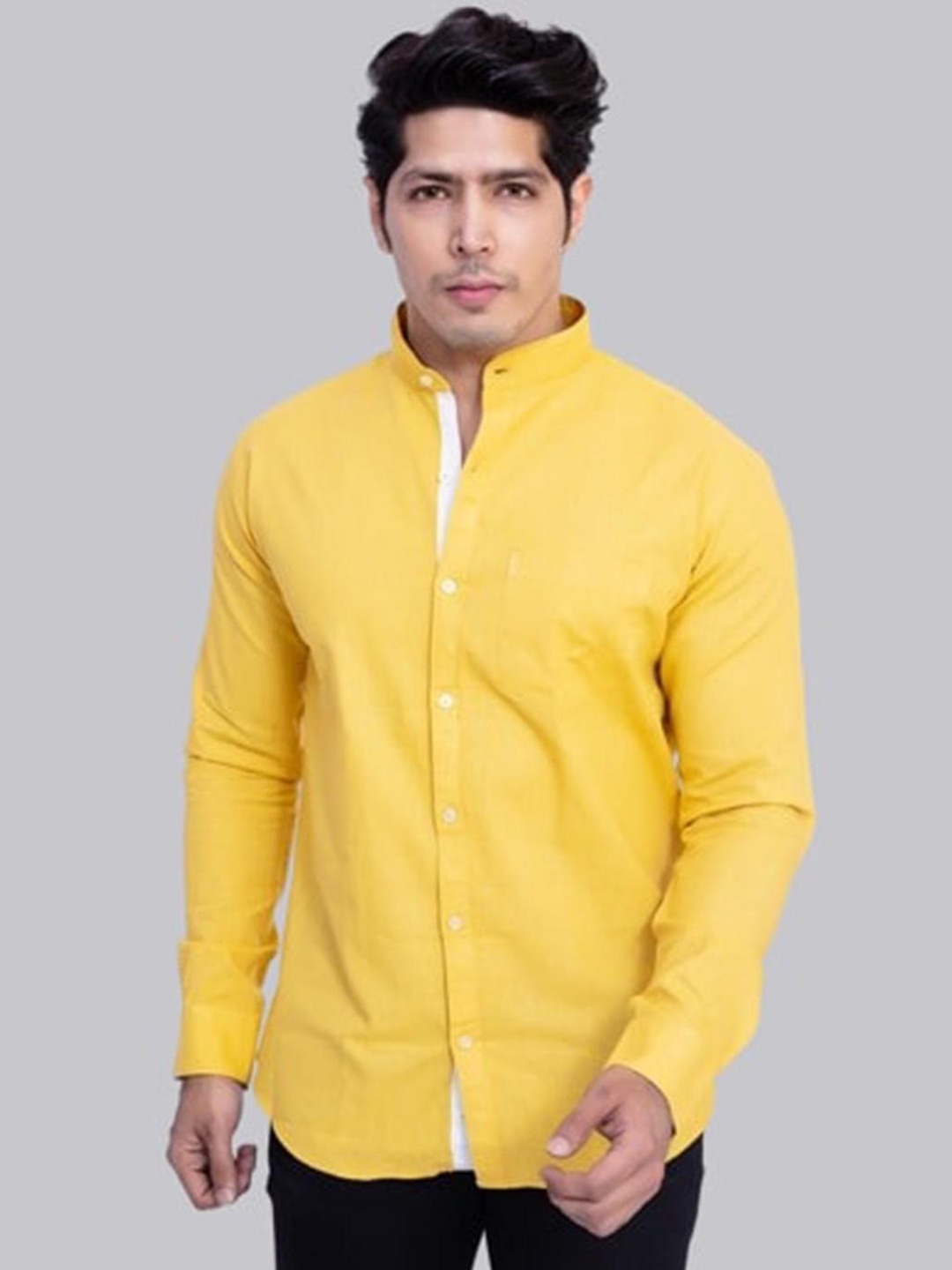 

INDIAN THREADS Band Collar Slim Fit Casual Cotton Shirt, Yellow