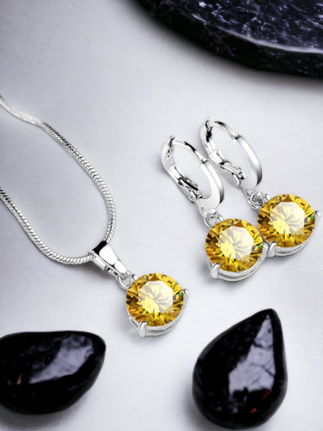 

Designs & You Silver Plated Cubic Zirconia Stone-Studded Colorful Pendant Set, Yellow