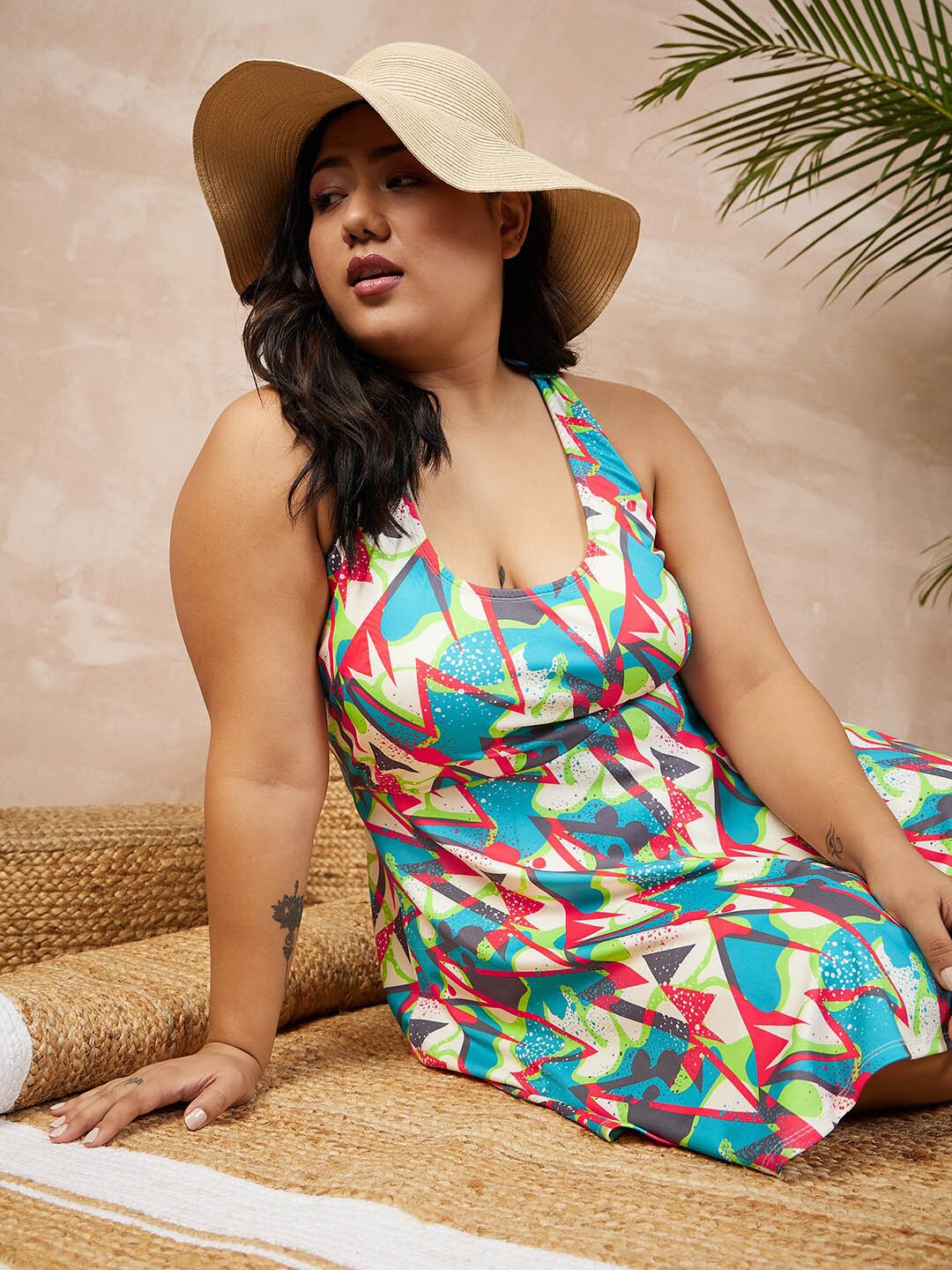 

Berrylush Curve Geometric Printed Swim Dress, Blue