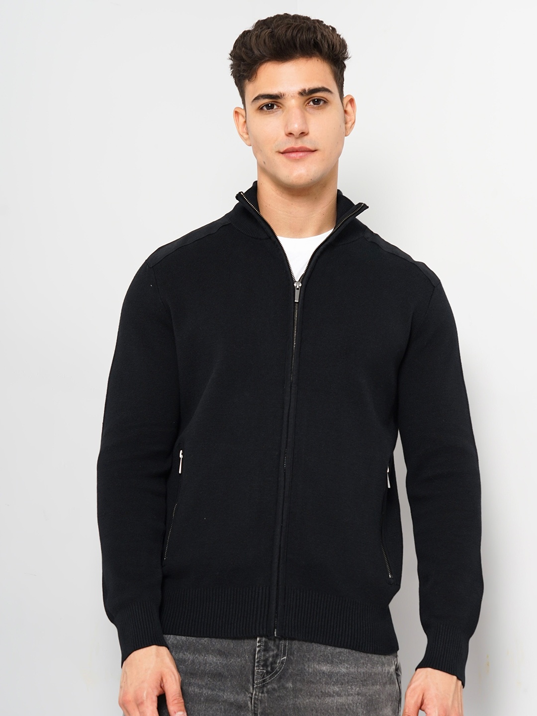 

Celio Mock Collar Long Sleeves Cotton Cardigan Sweater, Black