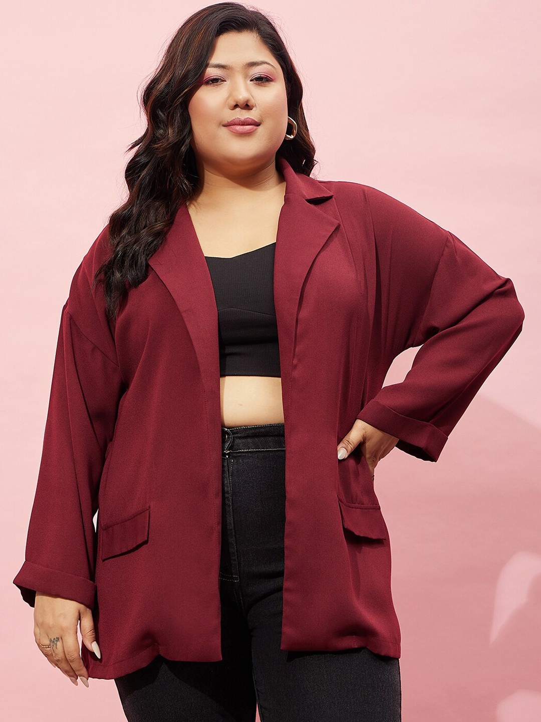 

Berrylush Curve Plus Size Notched Lapel Comfort-Fit Single Breasted Blazer, Maroon