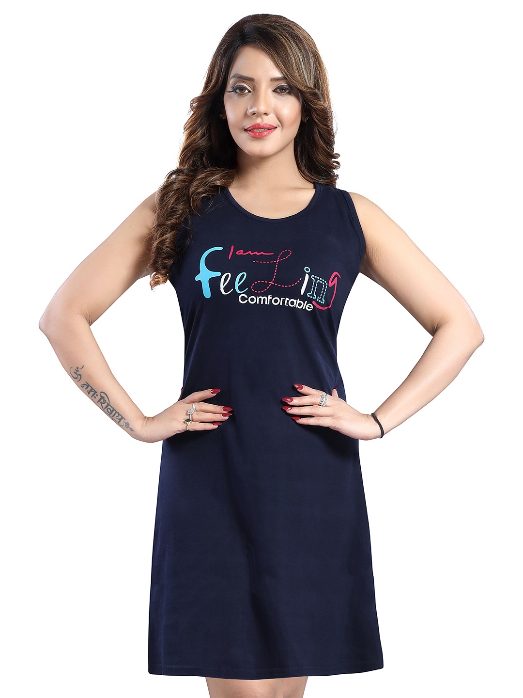

ATTEMPT Typography Printed T-shirt Nightdress, Navy blue