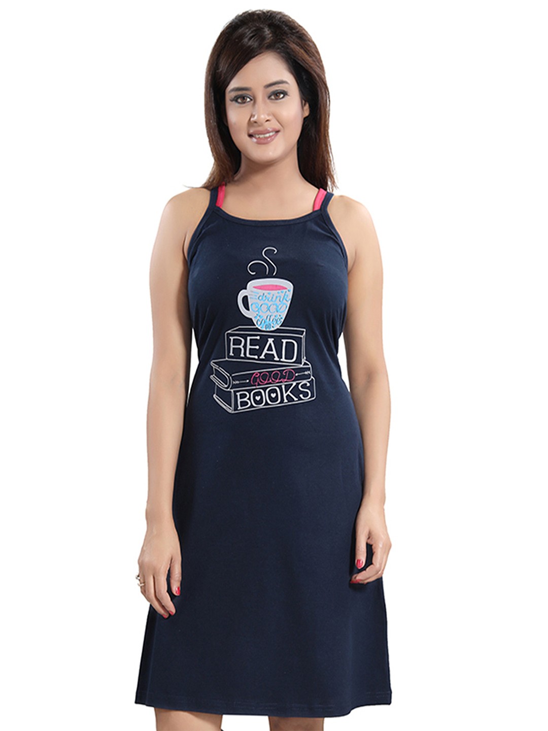 

ATTEMPT Typography Printed Shoulder Straps Nightdress, Navy blue