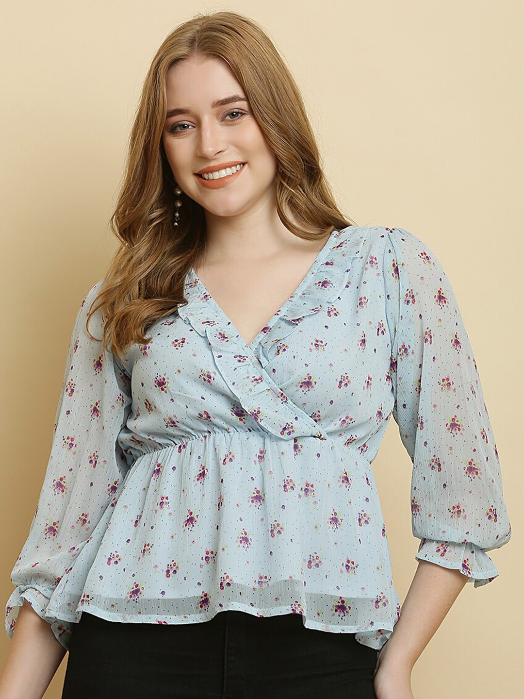

HERE&NOW Floral Printed Ruffles Chiffon Wrap Top, Blue