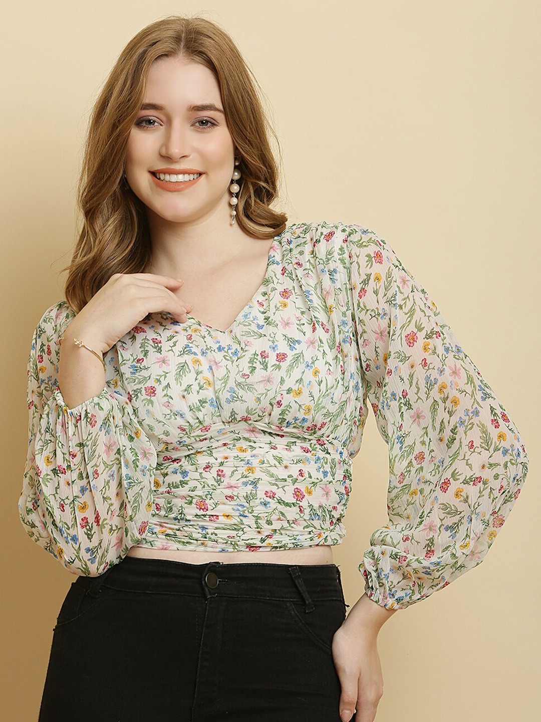 

HERE&NOW Floral Printed V-Neck Puff Sleeves Cropped Top, White