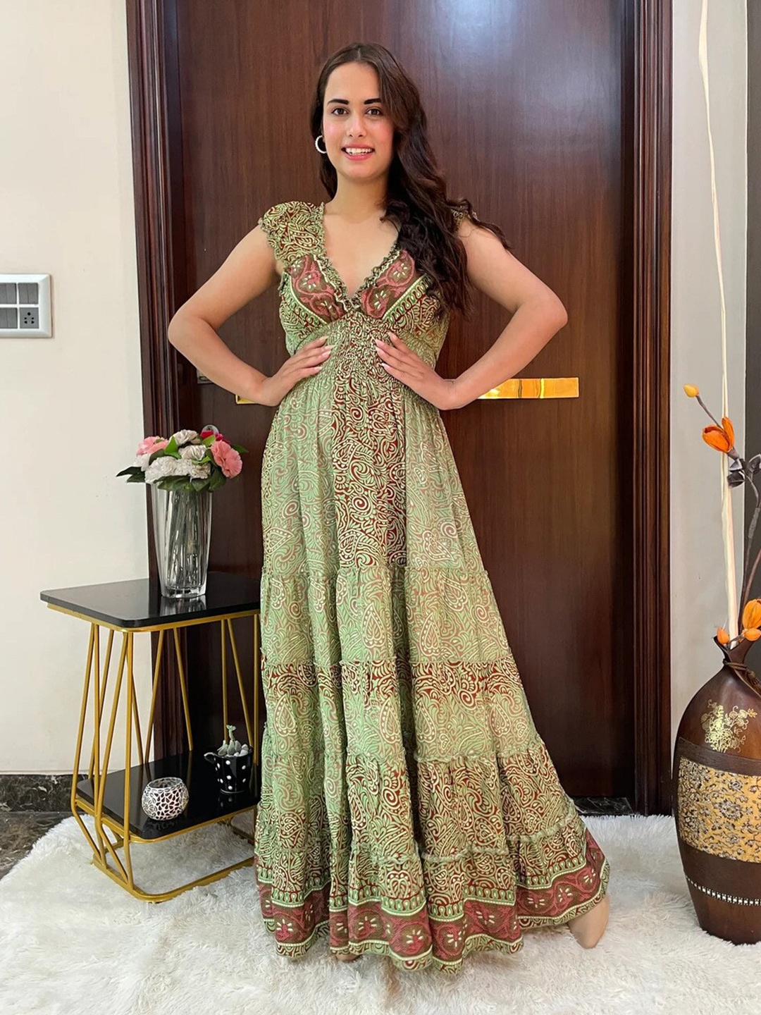

smisingbee Ethnic Motifs Printed V-Neck Fit & Flare Maxi Ethnic Dress, Green