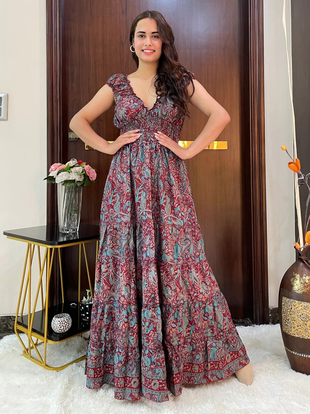 

smisingbee Ethnic Motifs Printed V-Neck Maxi Dress, Maroon