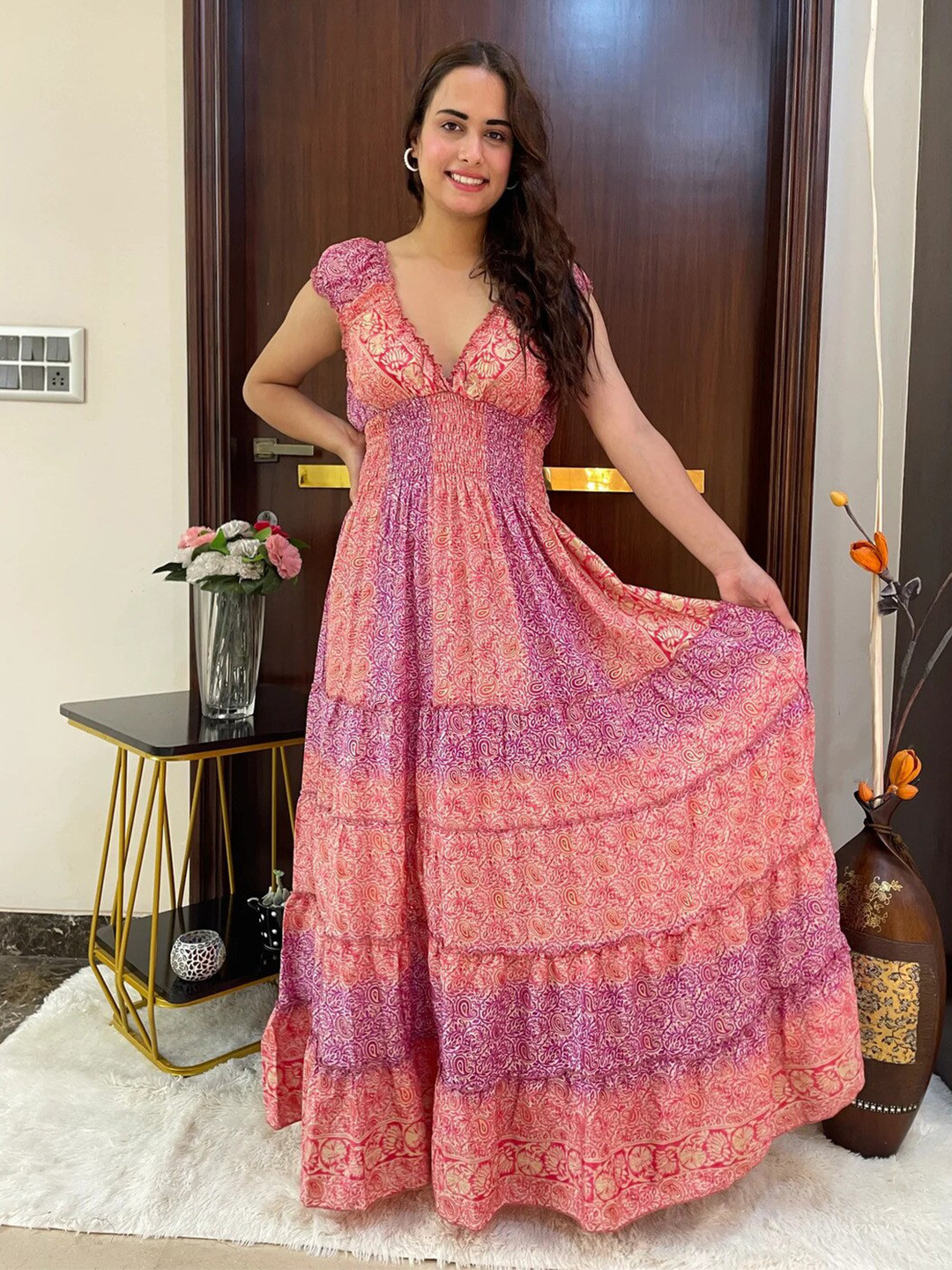 

smisingbee Ethnic Motifs Printed V-Neck Maxi Dress, Peach