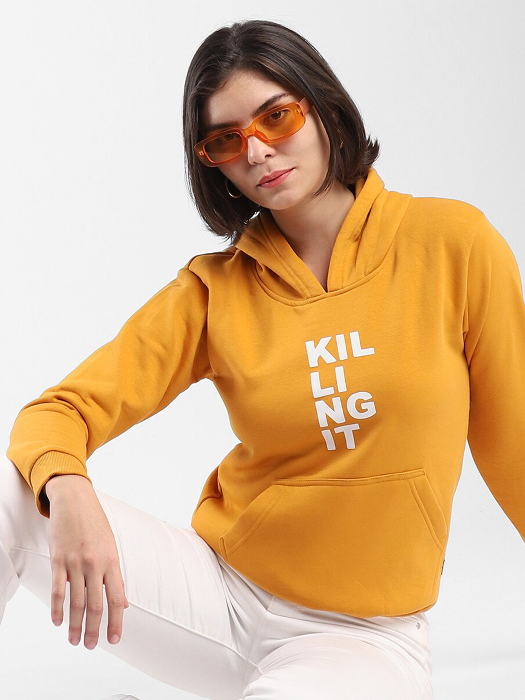 

Campus Sutra Mustard Yellow Typography Printed Hooded Cotton Sweatshirt